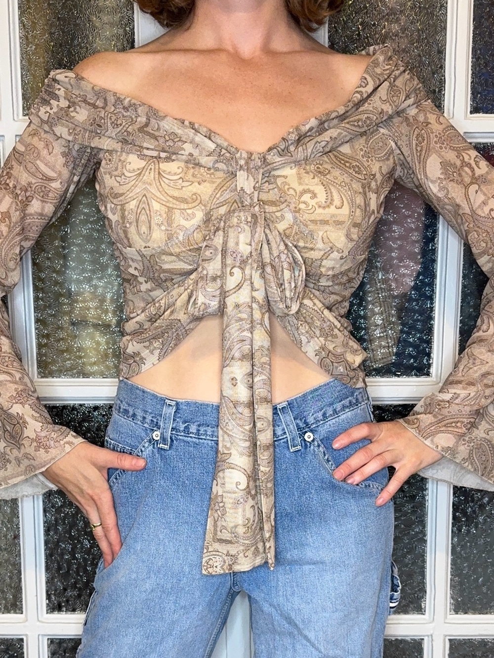Cider Beige Paisley Off-Shoulder Tie-Front Top
